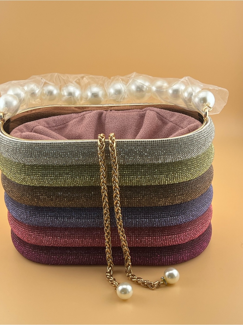 Multicolor Stacked Sequin Clutch with Pearl Handle
